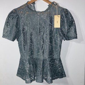 Peach Womens Size L Large Blue Lace Round Neck Short Sleeve Blouse NWT NEW